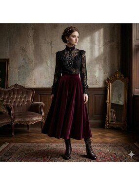 Vintage Sero Burgundy Velvet Long Skirt A-line Big Swing XS Size 0 Victorian